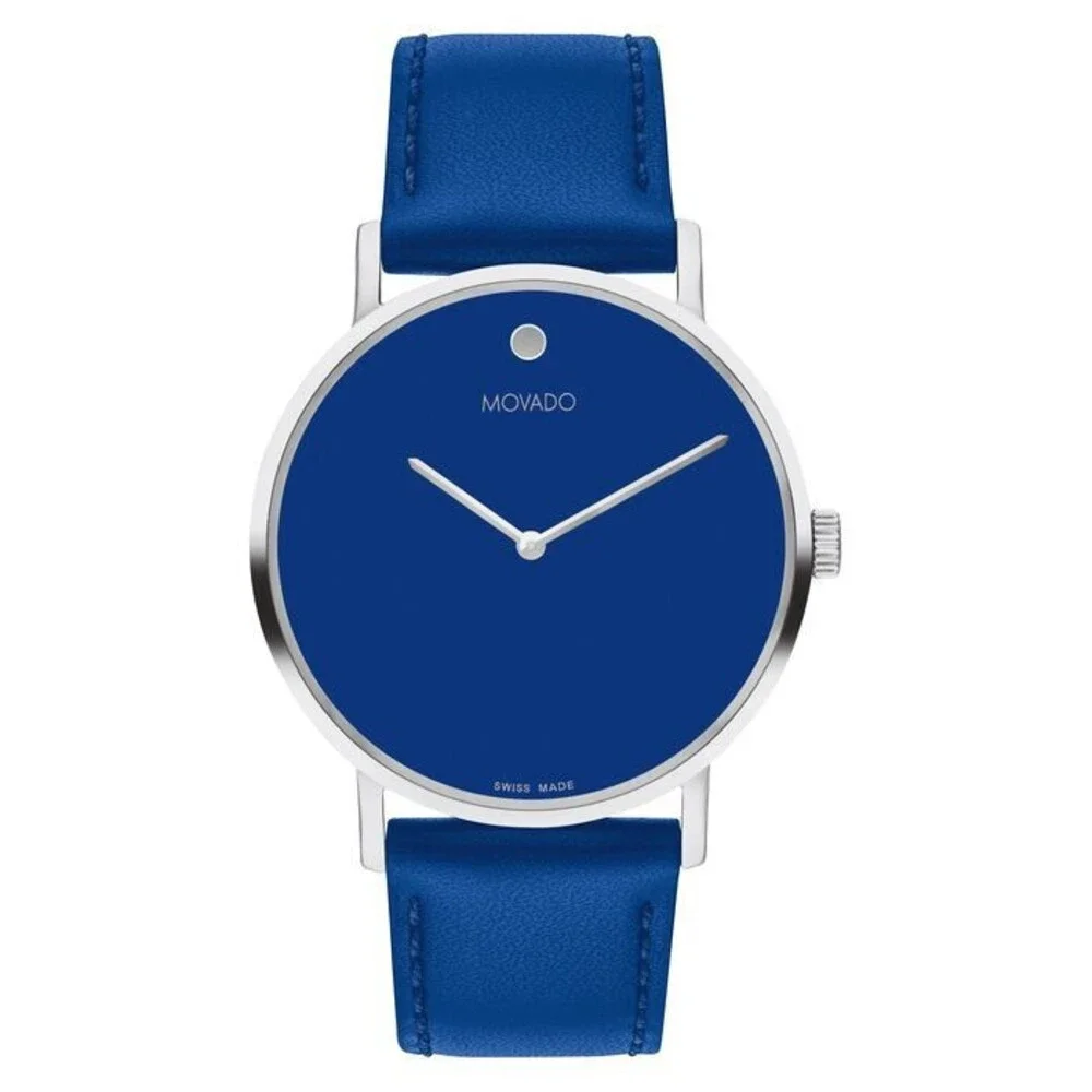 MOVADO SIGNATURE 0607833 SILVER BLUE LEATHER STRAPS STAINLESS CASE MENS WATCH